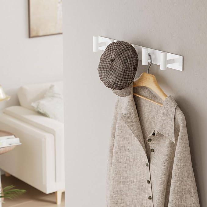 GWAAZXGZ White Wall Mounted Coat Rack – 5 T-Shaped Pegs for Hats, Bags & Towels, Heavy-Duty Metal Rail for Entryway, Bathroom