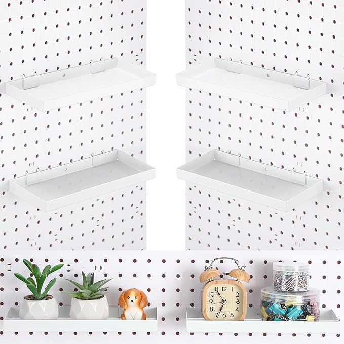 Blulu 4 Pcs Pegboard Shelves, 10 x 4 Inch Metal Heavy Duty Wall Mounted Pegboard Shelf Tray Accessories with Lip for Craft Ro