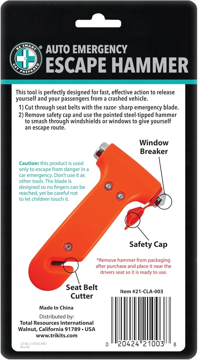 Be Smart Get Prepared 3-in-1 Auto Emergency Escape Hammer - Includes Glass Breaker, Seat Belt Cutter & Flat Hammer - Compact 
