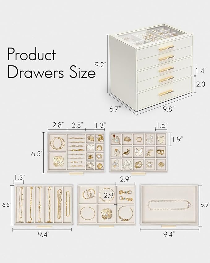 VLANDO 5 Layer Jewelry Box for Women, Glass Lid Jewelry Organizer with 5 Drawers for Necklaces Rings Earrings Bracelets - Clo