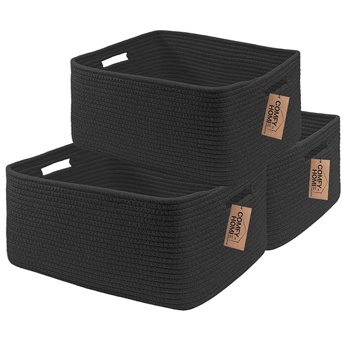 COMFY-HOMI 3 pcs Large Storage Baskets for Shelves, Laundry Basket, Woven Rope Basket, Closet Organizer Bins for Clothes Blan