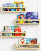 Forbena Natural Wood Nursery Book Shelves Wall Mounted, Floating Bookshelf for Kids Room, Toys and Books Storage Organizer Bo
