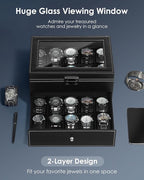 Watch Case for Men, 20-Slot 2-Layer Watch Box with Large Glass Lid, Watch Storage Organizer with Removable Watch Pillows, Men