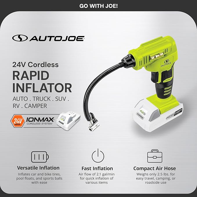 Auto Joe 24V-AJC-MAX 24V IONMAX Cordless Rapid Air Inflator, Portable Air Compressor, Includes 1.3Ah Battery, Charger, Air Chuck, Tapered Adapter, Presta Valve Adapter, and Ball Needle