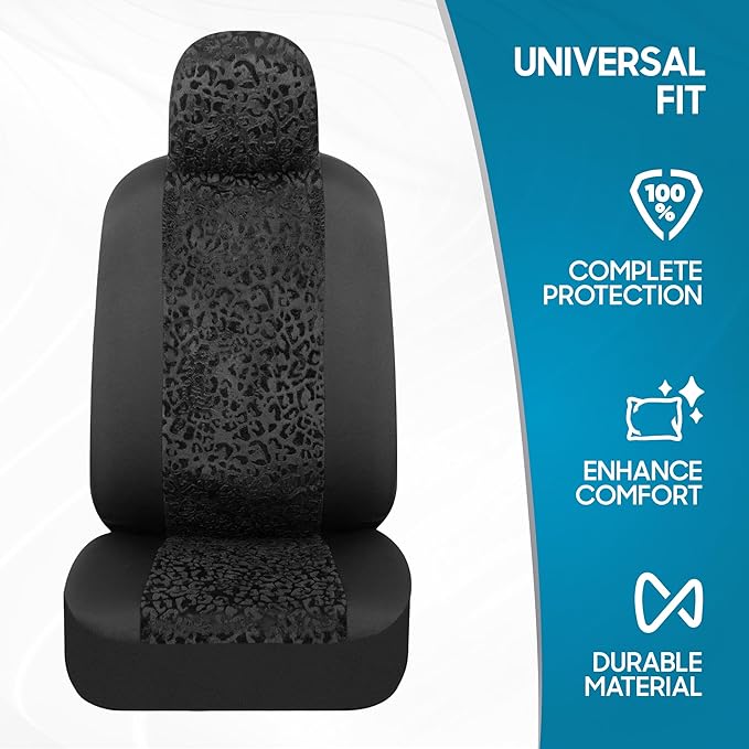 BDK Black Leopard Car Seat Covers for Front Seats, Animal Print Front Seat Cover Set with Matching Headrest, Sideless Design 