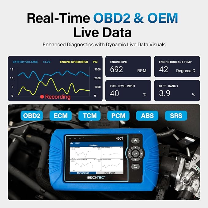 BLCKTEC 460T OBD2 Scanner Car Code Reader Engine ABS SRS Transmission Diagnostic Tool, 12 Reset Services,