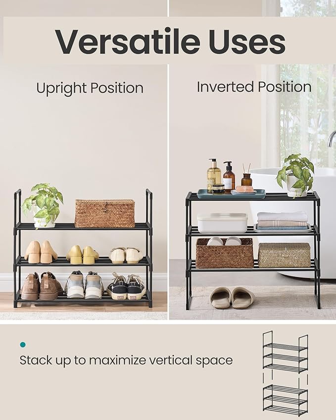 SONGMICS Shoe Rack, 3-Tier Shoe Organizer, Metal Storage Shelf, Upright or Upside Down, for 8-12 Pairs, Stackable, for Entryw