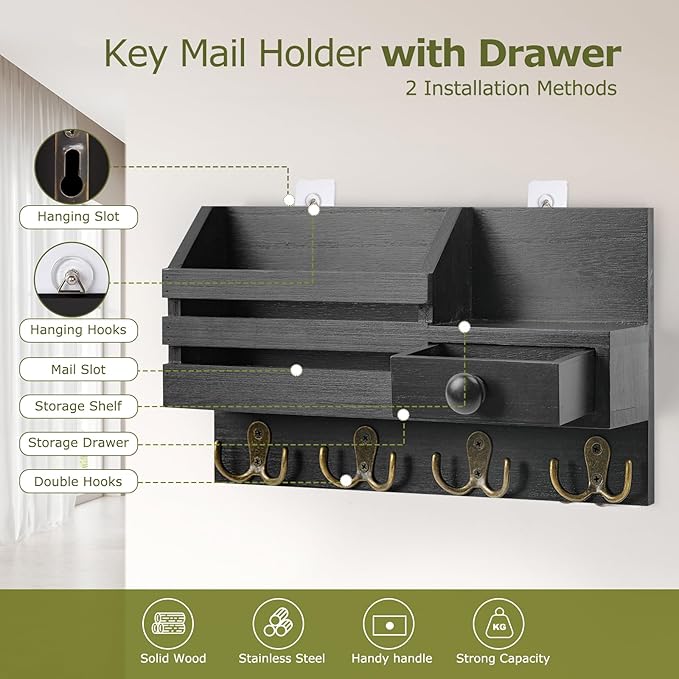 Key Holder Wall Mount, Wooden Adhesive Mail and Key Organizer with Drawer, Small Shelf, 8 Hooks, 2 Installation Methods, Blac
