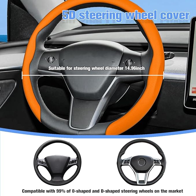 Car Nappa Leather Steering Wheel Cover, 15" Fashionable 5D Anti-Slip Vehicle Steering Wheel Protector, Breathable Auto Interi