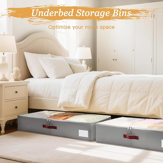 Criusia Under Bed Storage Bins with Clear PVC Lids – 2 Pack Large Underbed Organizers with Heavy-Duty Handles, Reinforced wit