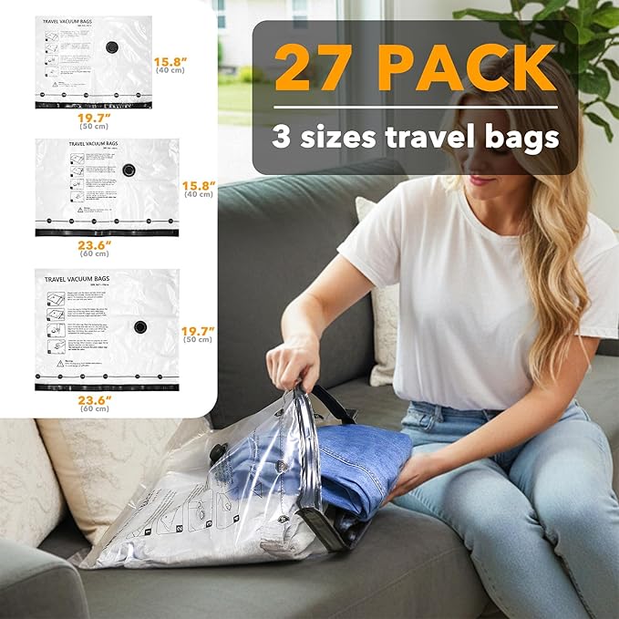 SpaceAid Travel Vacuum Bags for Luggage with Electric Pump, 27 Pack Vacuum Seal Bags for Clothing Travel, Space Saver Compres