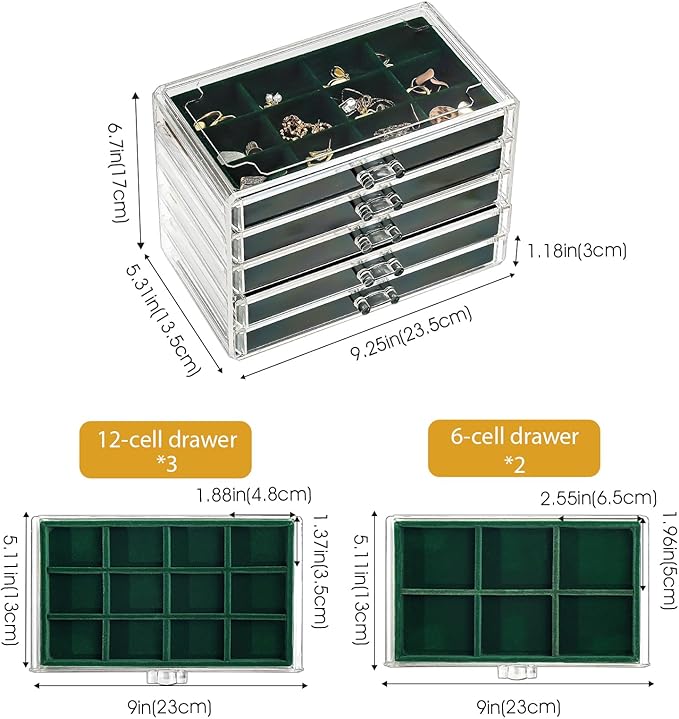 ProCase Earring Holder Organizer Jewelry Box with 5 Drawers, Acrylic Clear Earring Case with Adjustable Velvet Trays for Wome