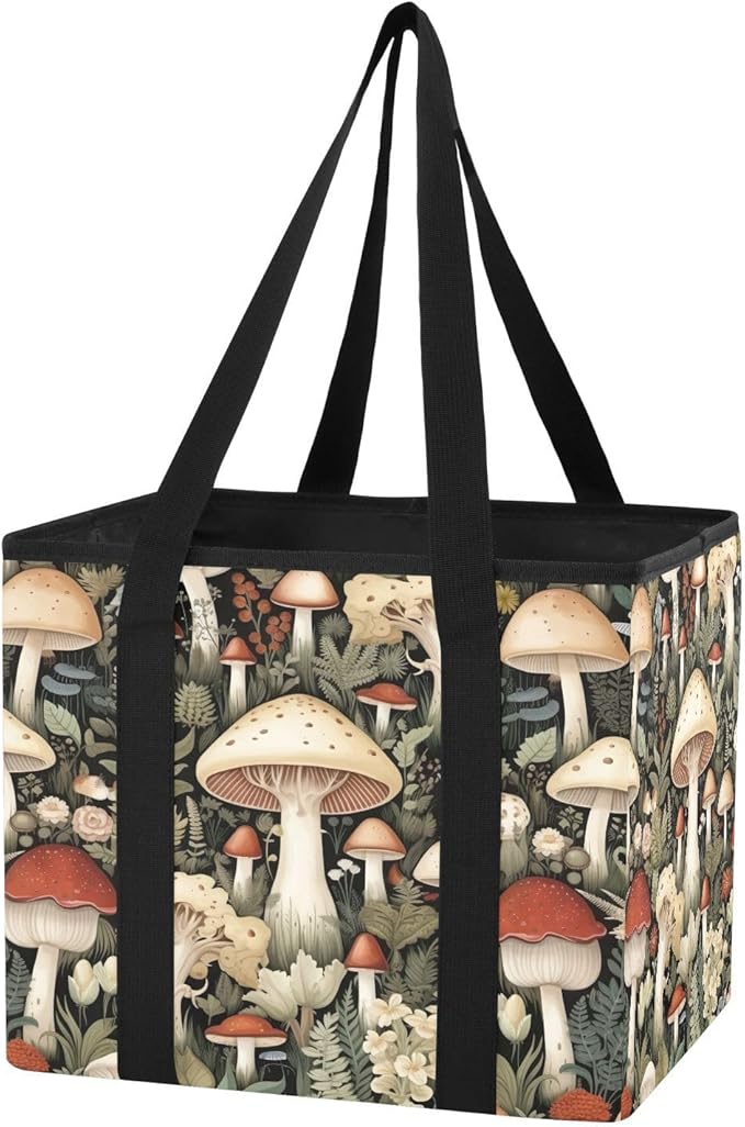 Mushrooms Reusable Grocery Bags Large Shopping Tote Bag with Reinforced Bottom Board, Water Resistant Foldable Storage Bags f