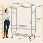 Gewudraw Heavy Duty Clothes Rack with Metal Basket, 1060 LBS Rolling Double Rod Garment Rack, Portable Extendable Clothing Ra