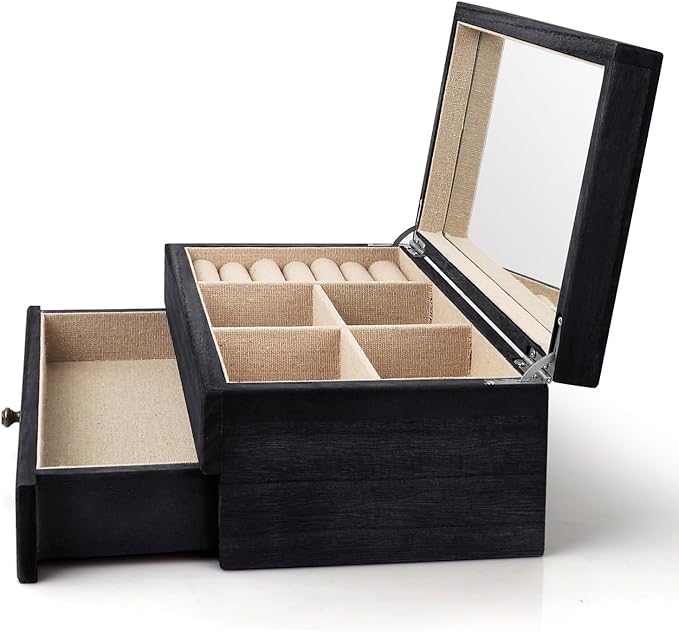 Meangood Jewelry Box Organizer for Women, 2 Layer Large Jewelry Storage Case, Rustic Wooden Jewelry Box with Mirror & Ring Tr