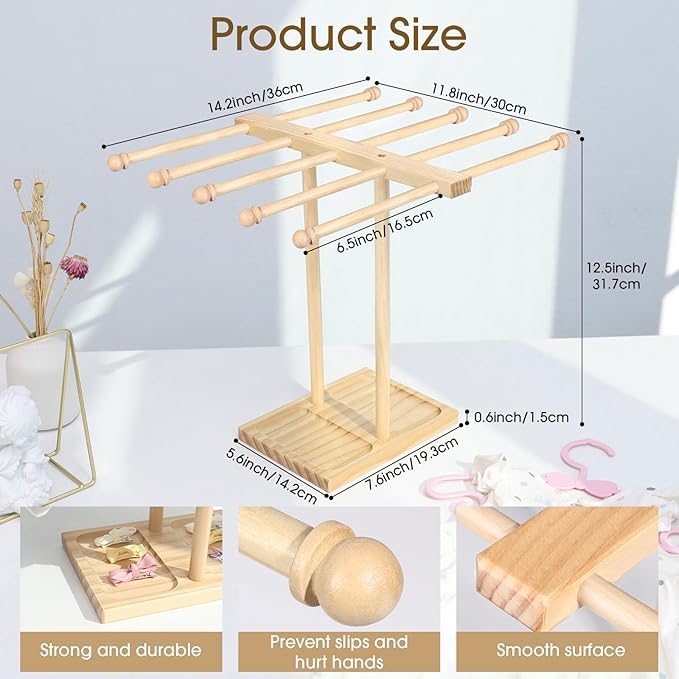 POVETIRE Headband Holder Stand Bow Organizer for Girls, 5 Row Wooden Bow Holder for Girls Hair Bows,Baby Headband Storage Inf