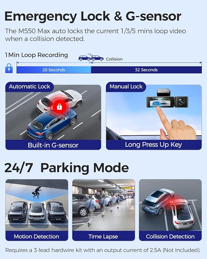 AZDOME M550 Max 4K 3 Channel Dash Cam, Dual STARVIS Sensors, 4K+2.5K+1080P Front and Rear Inside Triple Car Camera, Built-in 