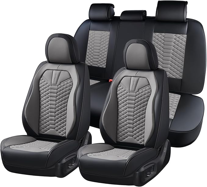 Coverado Seat Covers Full Set, Waterproof Nappa Leather Seat Covers for Cars, 5 Seats Universal Car Seat Protectors, Black an