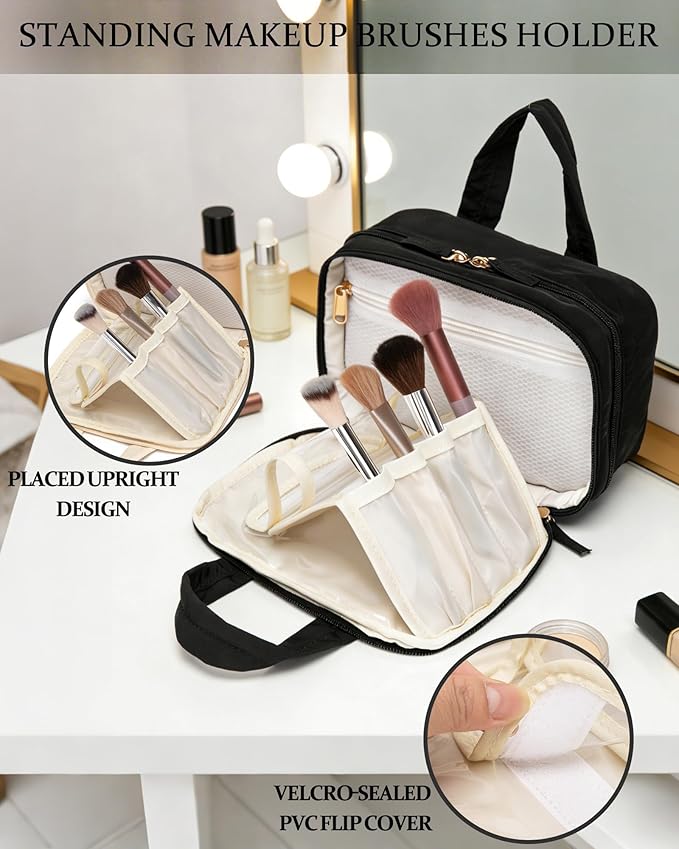 Makeup Bag, Travel Cosmetic bag, Toiletry Bag For Women, Make up Bag With Brush Storage, Hanging Toiletry Bag, Puffy Padded M