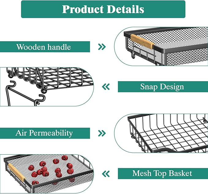 Giwil 3 Tier Countertop Fruit Mesh Basket for Kitchen, Vegetable Storage Bread Fruit Bowl Stand with 2 Banana Hooks, Wall Mou
