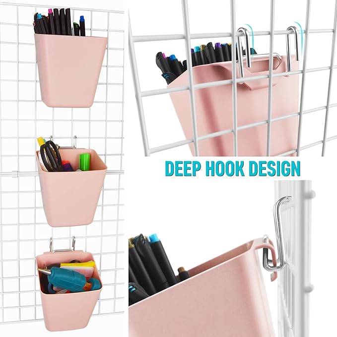 G.CORE Large Grid Wall Bins - 6Pack Pink Gridwall Accessories Hanging Cups with Back Hooks - Plastic Grid Wall Panels Organiz