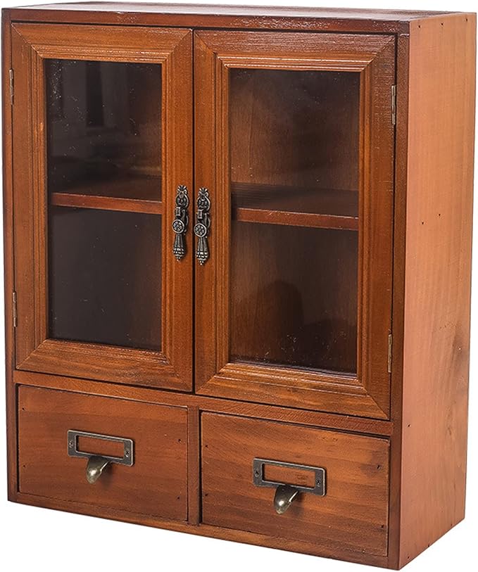 Rustic Vintage Mini Pine Counter Top Cabinet - 12" L x 4.7" W x 14" H with 2 Doors & 2 Drawers, Antique Apothecary Spice Cabi