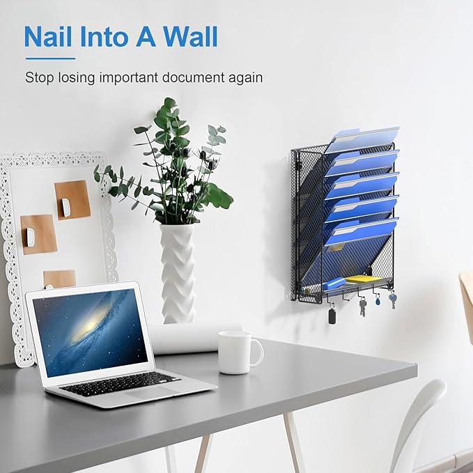 OUTWOLF Hanging Wall File Organizer with Hooks, 6 Tier Vertical Wall Mount File Holder, Paper Document Mail Organizer for Off