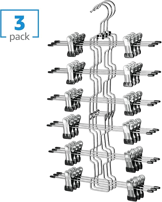 ZOBER 3-Pack 6-Tier Skirt Hangers with Clips - Pants Hangers with Clips Space Saving, Closet Organization, Swivel Hooks, Coll