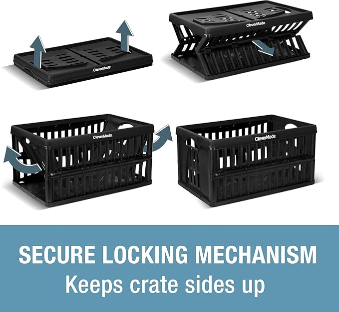 CleverMade 60L Collapsible Utility Crate (66 lb Capacity), Heavy Duty Folding Storage Crate, Stackable Plastic Organizer for 