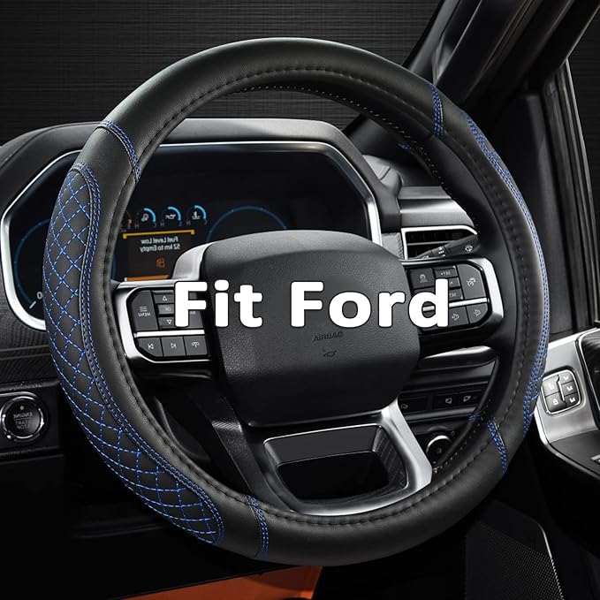 West Llama Car Steering Wheel Cover for Ford Escape,Explorer,Fusion,Focus,Bronco,Transit,Edge(Diamond Quilted - Black+Blue- S