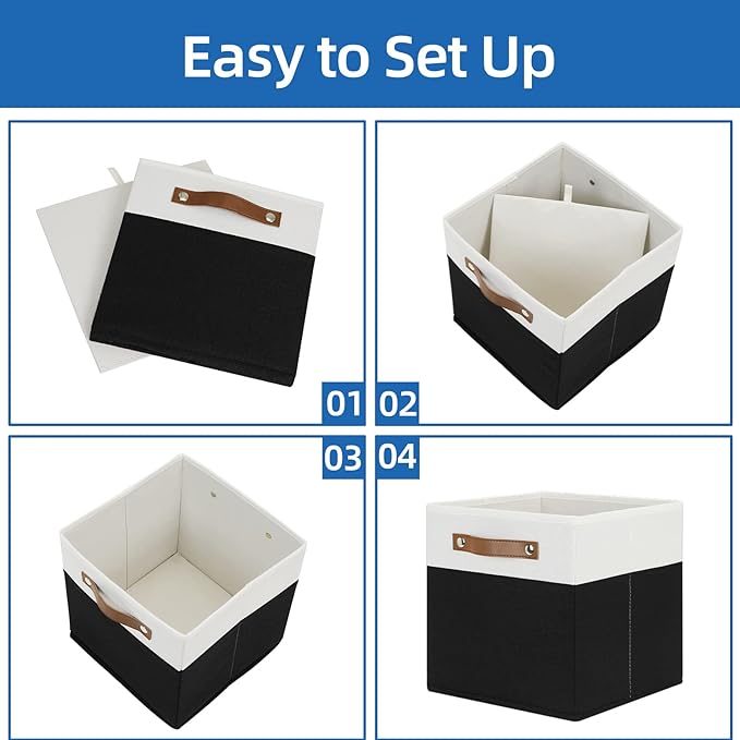 Temary 11 inch Cube Storage Bin 4 Pack Fabric Storage Cubes for Home, Fabric Storage Bin Storage Cube Bins with Leather Handl
