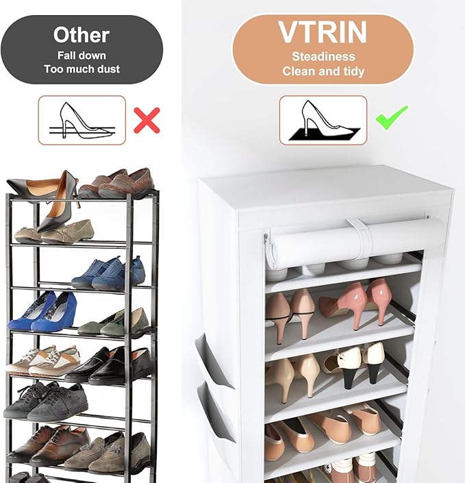 VTRIN Vertical Narrow Shoe Rack Organizer Tall Shoe Rack for Closet Entryway 10 Tier Non-Woven Cover Shoe Shelf Holds 20-22 P
