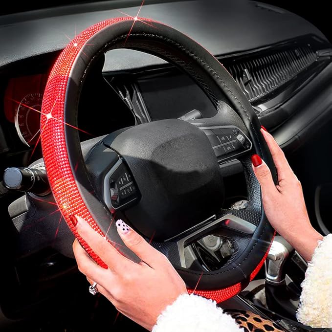 ChuLian New Diamond Leather Steering Wheel Cover with Bling Bling Crystal Rhinestones, Universal Fit 15 Inch Car Wheel Protec