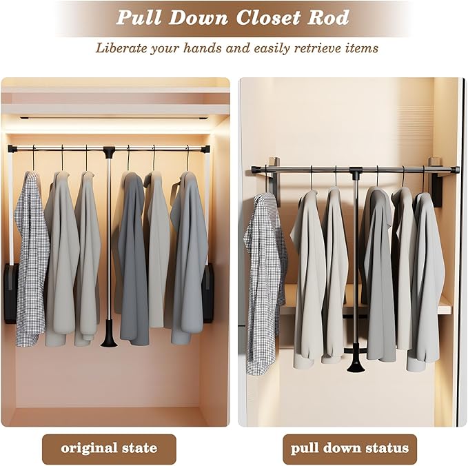 Pull Down Closet Rod Stainless Steel,35"-48" Adjustable Wardrobe Lift Rail Rod,60 lbs Load Capacity,Side & Back Mounted Close