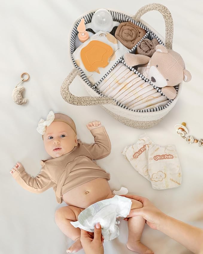 Maliton Extra Large Diaper Caddy Organizer, Cotton Rope Nursery Basket, Portable Organizer for Changing Table, Car, Diaper St