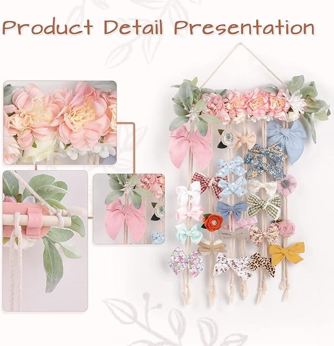 POVETIRE Bow Holder for Girls Hair Bows, Clips Hanging Organizer Baby Headband Storage Hair Accessory Display for Wall Room B