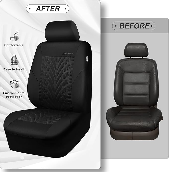 CAR PASS Car Seat Covers Full Sets, Front & Split Rear Bench for Car, 3D Tyre Embossed Automotive Interior Covers, Airbag Com
