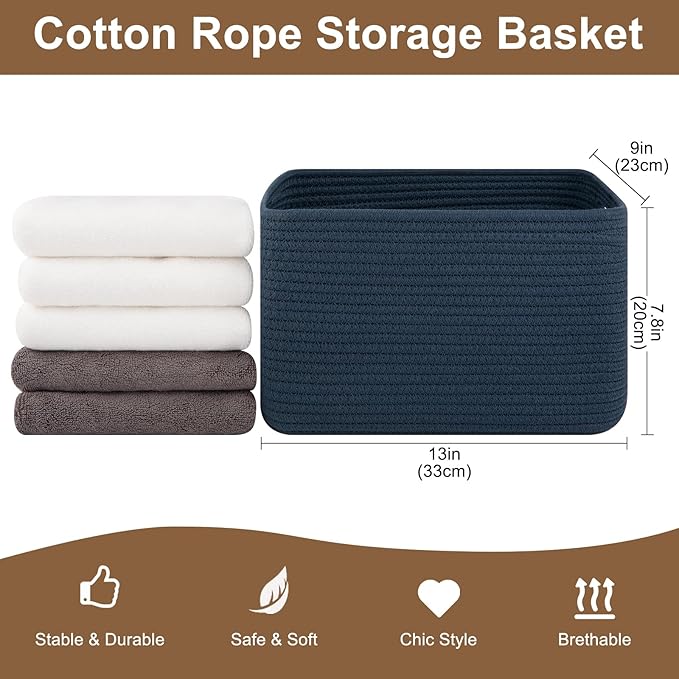 OIASKET Storage Baskets for Organizing, Woven Decorative Baskets for Shelves - Books, Towels, and Clothes, Cotton Rope Toy St
