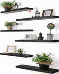 PHPH 24 Inch Wood Floating Shelves for Wall, Wooden Wall Shelves for Bedroom, Set of 6 Black