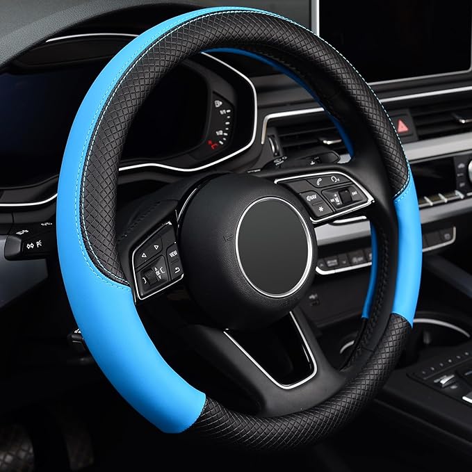LABBYWAY Steering Wheel Cover, Universal Fit 15 Inch Microfiber Leather Car Wheel Protector, Anti-Slip, Blue