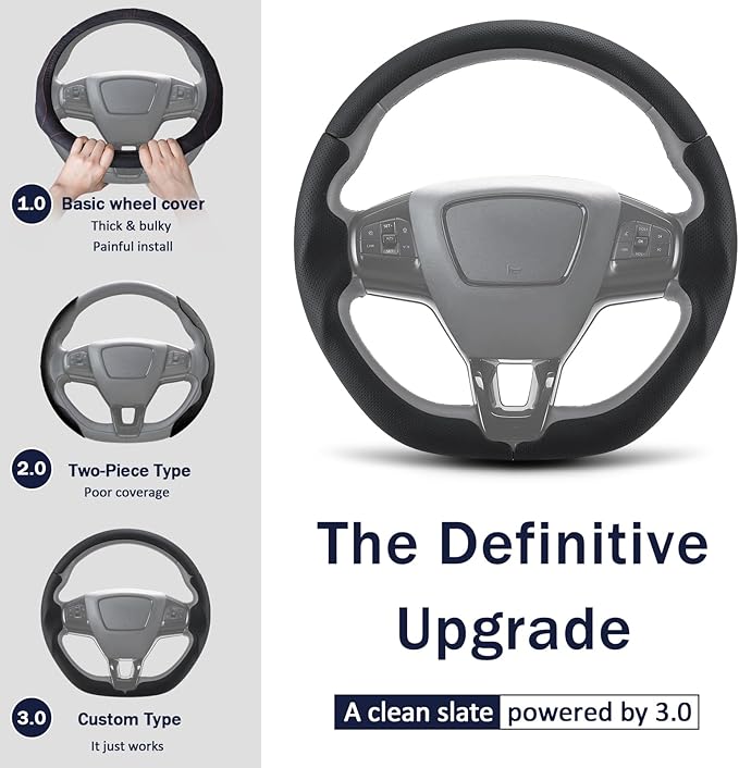 3-Piece Leather Steering Wheel Cover for Ford Mustang Mach-E 2021-2026, Custom Fit Clip-On Quick Installation Ultra-Thin Form-Fitting Interior Car Accessories for Men Women(Black Hole)