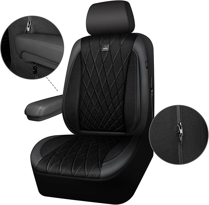 CAR PASS Luxury Faux Leather Car Seat Covers Front Seats, Breathable Soft Velvet Premium Automotive Seat Covers 2 Pack, Armre