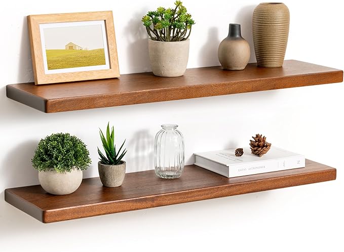 Fun Memories 30 Inch Floating Shelves, Rustic Solid Wood Wall Shelves Set of 2, 8 Inch Deep Floating Shelf for Bathroom, Bedr