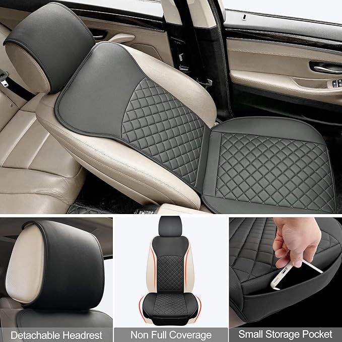 2 Pack Leather Front Seat Covers, Universal Sideless Car Seat Protectors, Waterproof Automotive Seat Cover for Most Cars Truc