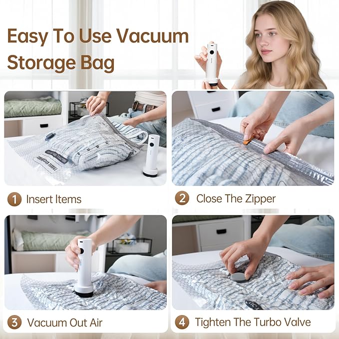 Vacuum Bags for Travel with Wireless Rechargeable Pump, 12 Pack Carry-on Size Compression Packing Seal Bags for Luggage and S