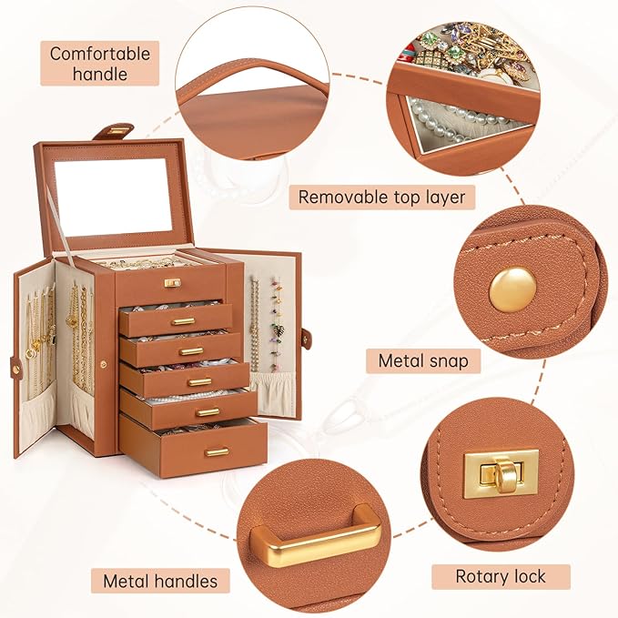 AKOZLIN Jewelry Box Organizer Functional Leather Jewelry Storage Case for Women Girls Ring Necklace Earring Bracelet Holder O