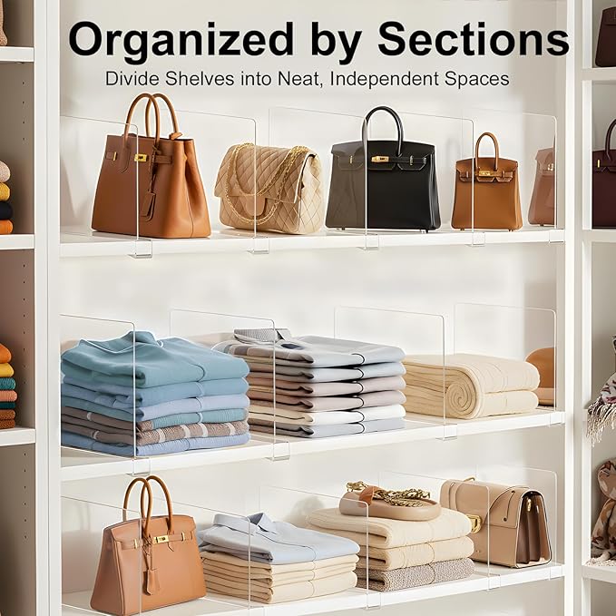 Purse Organizer for Closet Shelf Dividers: 8-Pack Adjustable Clear Acrylic Bag Storage Organizer for Handbags, Sweaters, Towe
