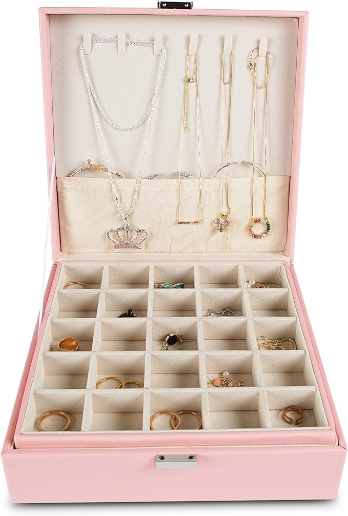 Frebeauty Earring Organizer Classic Jewelry Box 50 Slots Double Layer Jewelry Storage Case with 6 Necklace Hook and Bracelet 