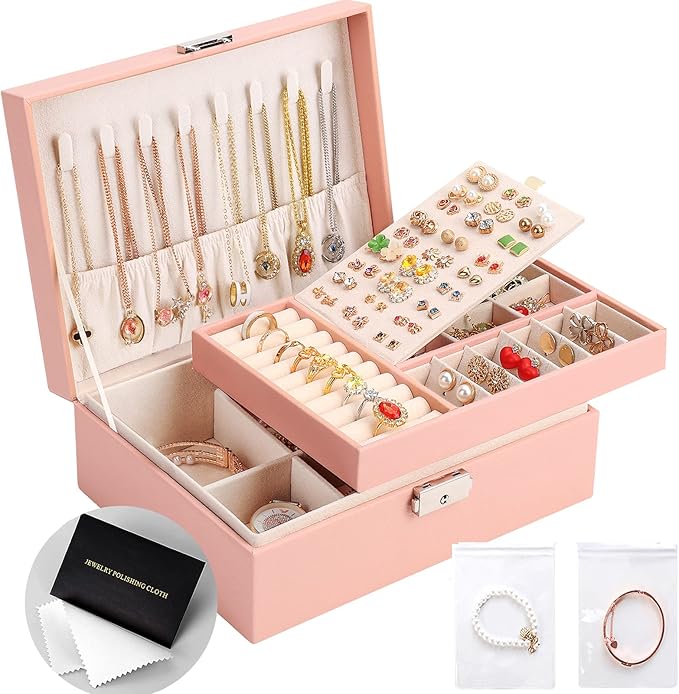 Jewelry Organizer Box, Leather Jewelry Box for Girls Gift Earring Organizer with Lock Double Layers Jewelry Case Removable Tr