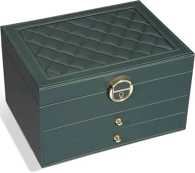 GUOER Jewelry Box for Women Girl Wife 3 Layers Large PU Leather Jewelry Organizer Storage Case with Two drawers Display for E